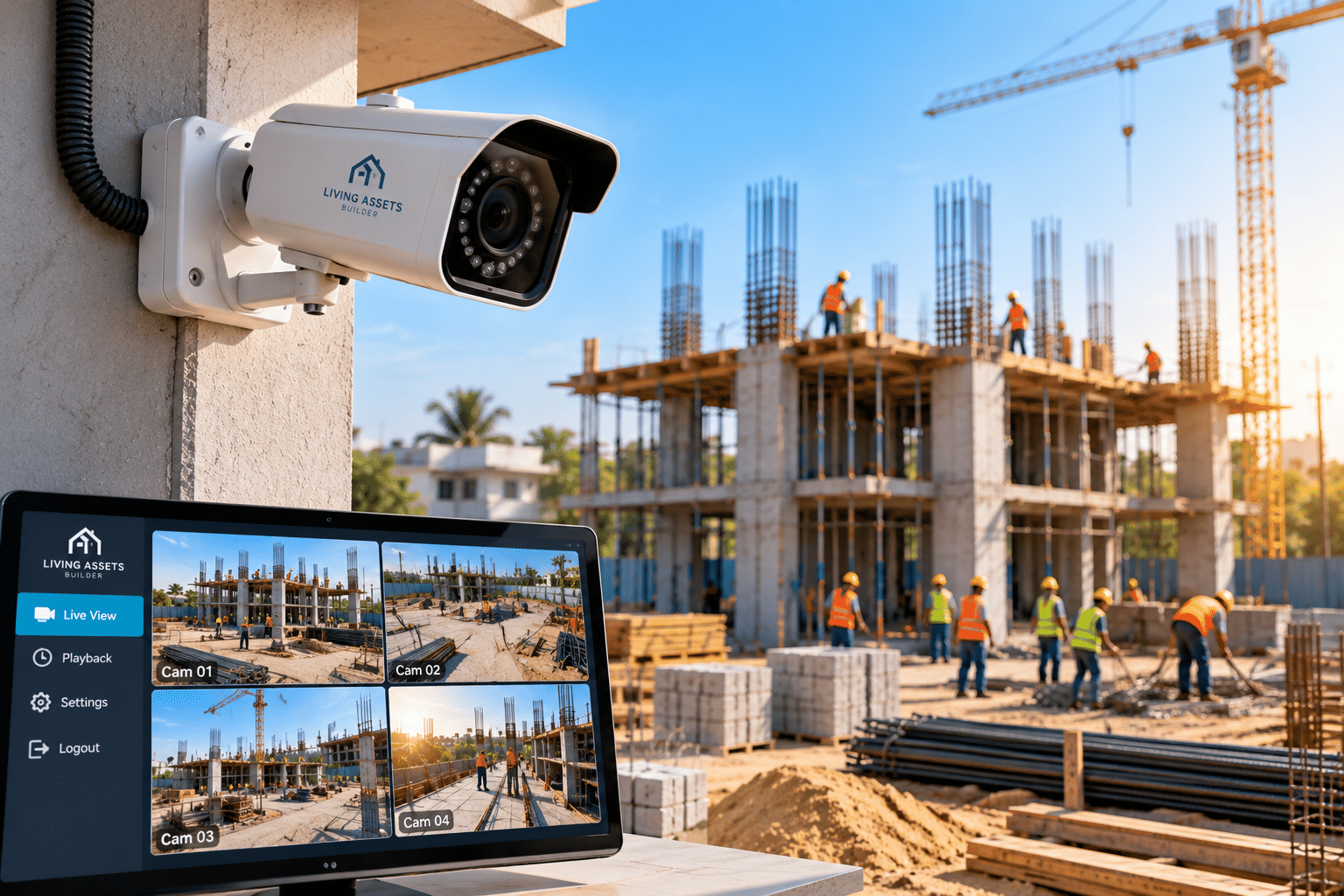 Security camera monitoring a construction site